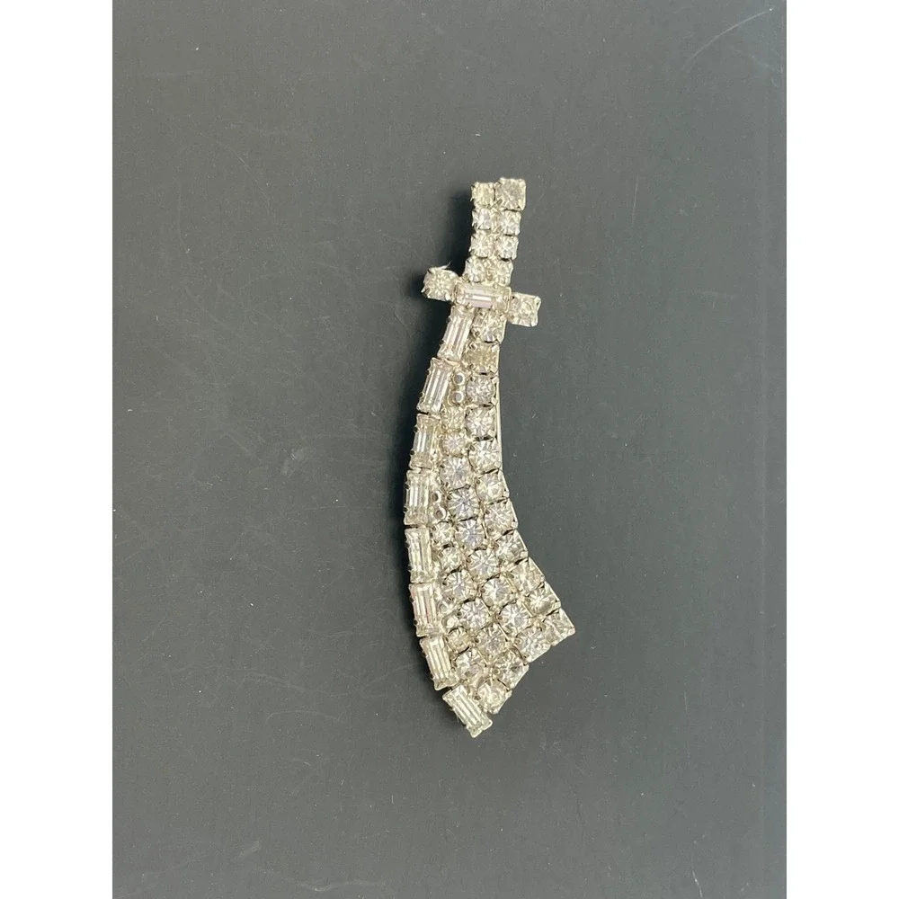 Vintage rhinestone Sword Brooch Silver Tone Scimitar Mid Century Costume Jewelry